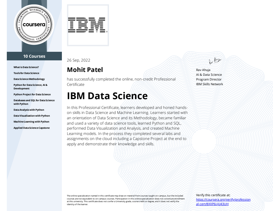 IBM Data Science Certificate
